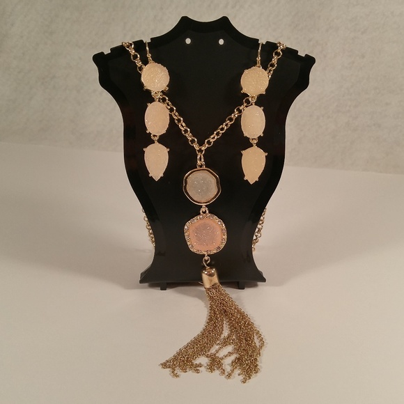 Necklace earring set gold tassel pink druzy stone - Picture 1 of 4